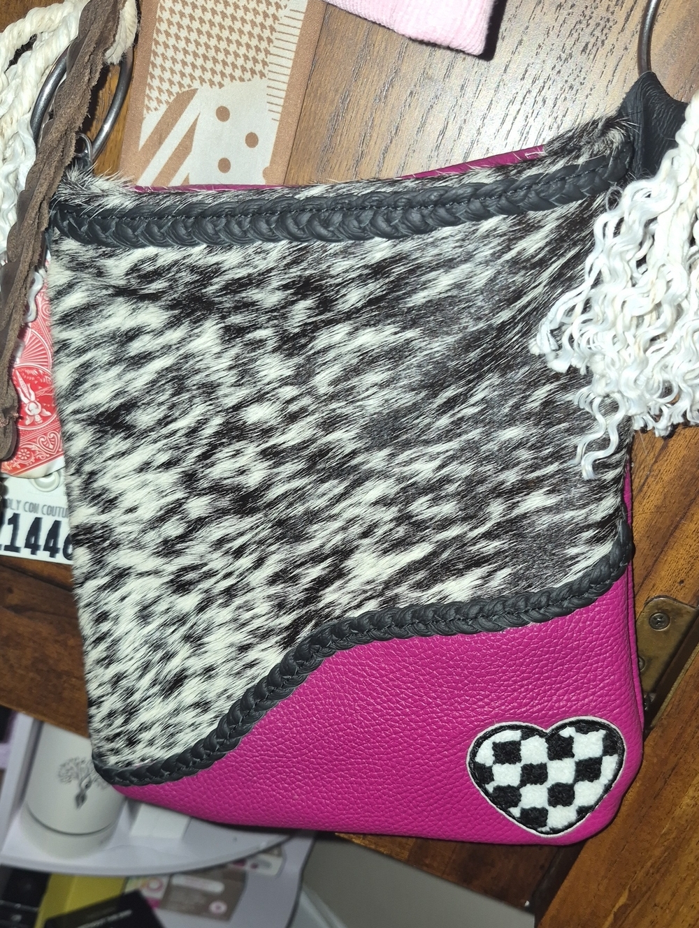 Pink and Black Cowhide Crossbody Bag with Heart Patch Like New